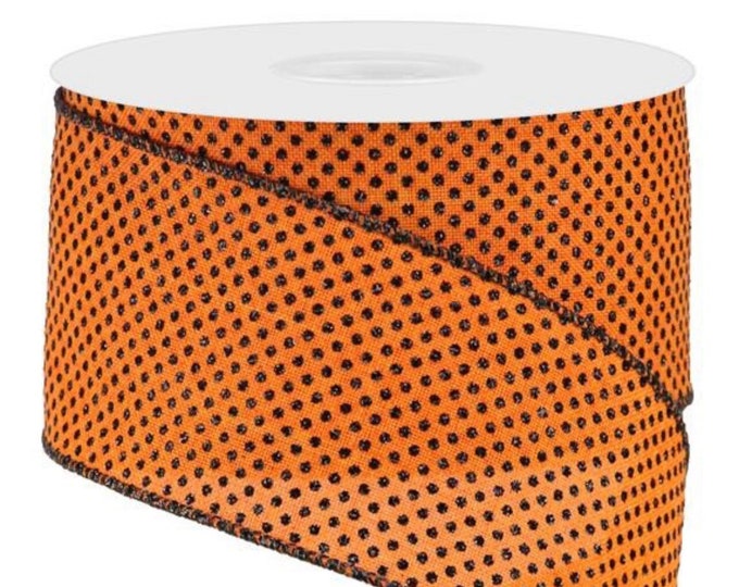 Glitter Micro Dots Ribbon, Halloween ribbon, black and orange Swiss dot ribbon, wired ribbon, Halloween, Fiesta ribbon, day of the dead