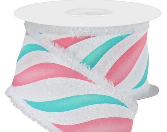 2.5" x 10yd Swirl Candy Stripe W/Drift White/Pink/Ice Blue/Mint, Candy Christmas ribbon, Christmas ribbon, wreath supply, craft supply