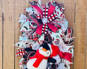 Penguin Christmas Wreath, Penguin Christmas Swag, Holiday Wreath, whimsical Christmas wreath, whimsical penguin wreath swag, Christmas swag