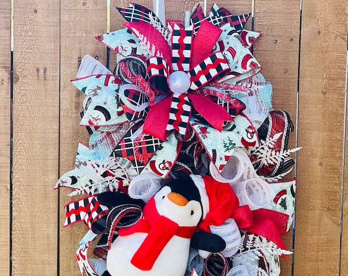 Penguin Christmas Wreath, Penguin Christmas Swag, Holiday Wreath, whimsical Christmas wreath, whimsical penguin wreath swag, Christmas swag