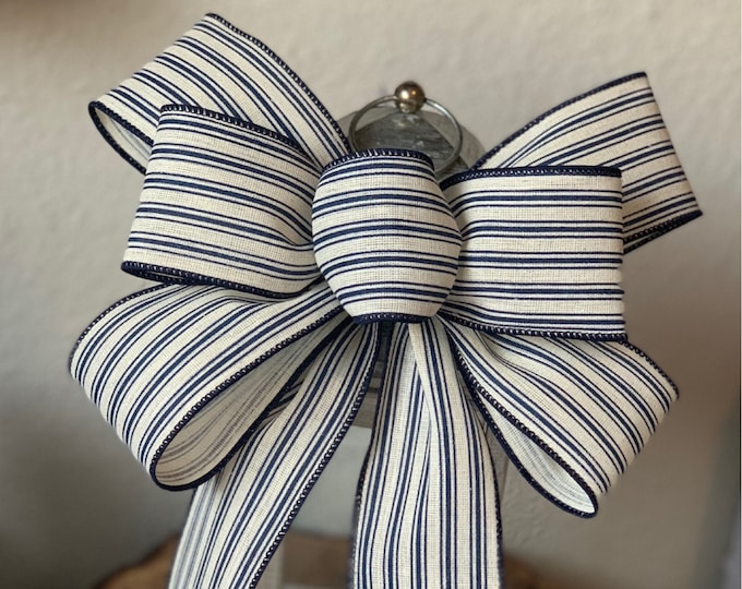 Farmhouse bow, Striped navy blue and ivory bow for wreath, farmhouse striped blue with ivory, farmhouse bow for lantern, classic lantern bow