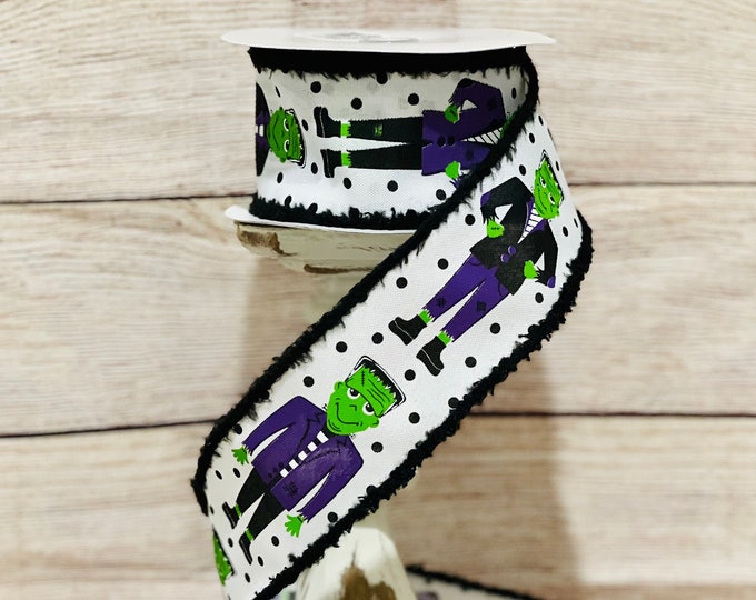 2.5 Frankenstein ribbon, Halloween ribbon, Halloween Frankenstein ribbon, Frankenstein royal drift ribbon, wired ribbon,green monster ribbon