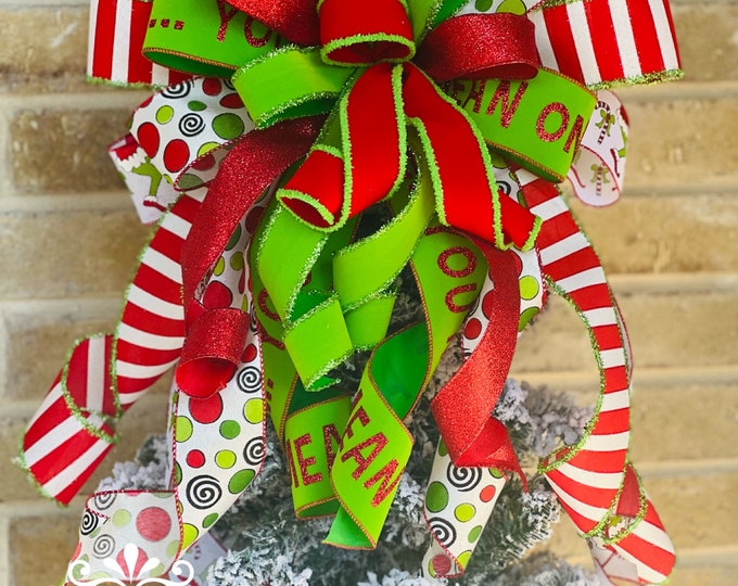 Green monster Christmas bow, Christmas tree topper, Christmas tree bow, whimsical Christmas bow, decorative bow, green monster bow, XL bow
