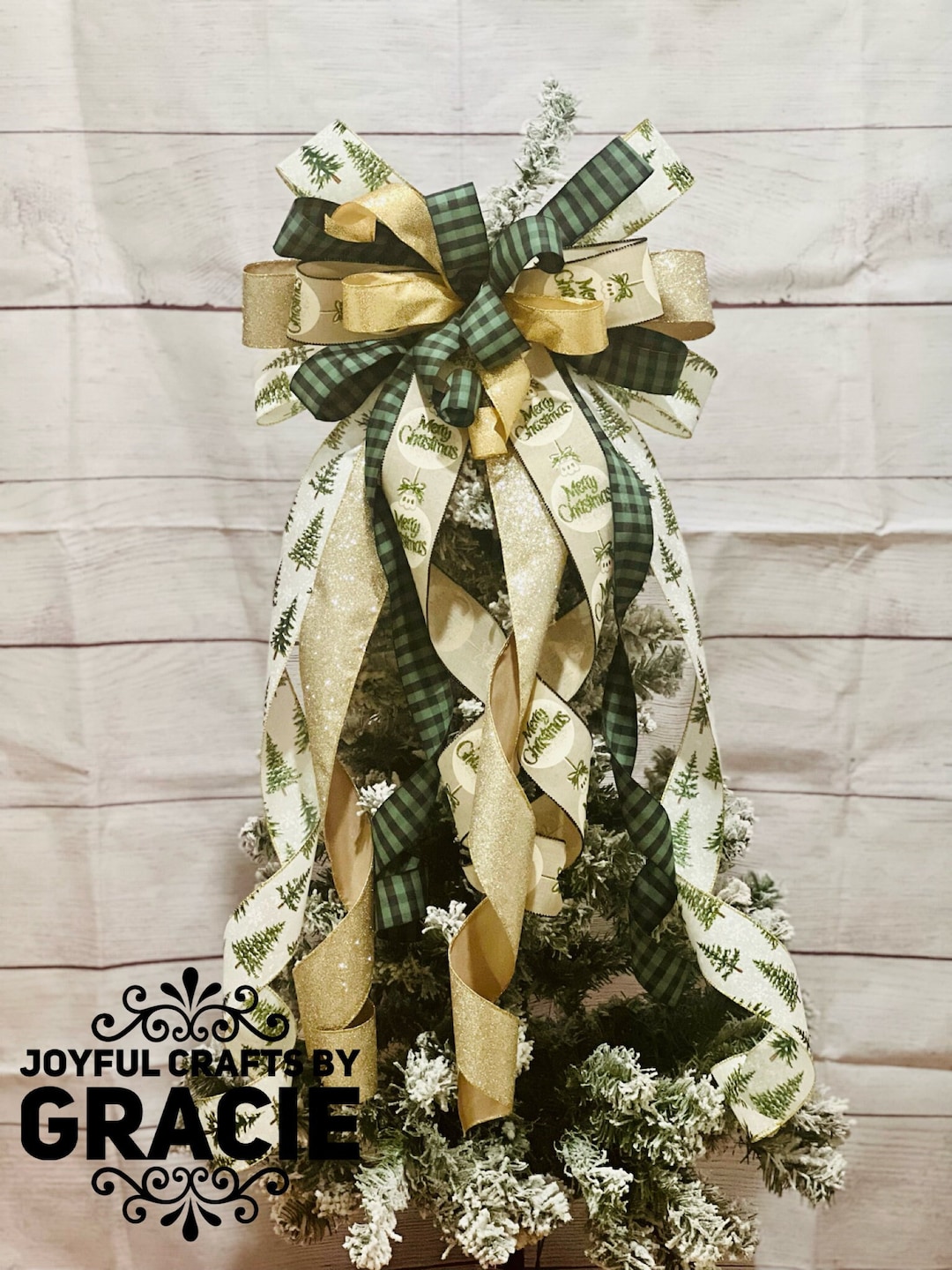 Green Christmas Tree Topper, Green With Gold Christmas Bow Topper