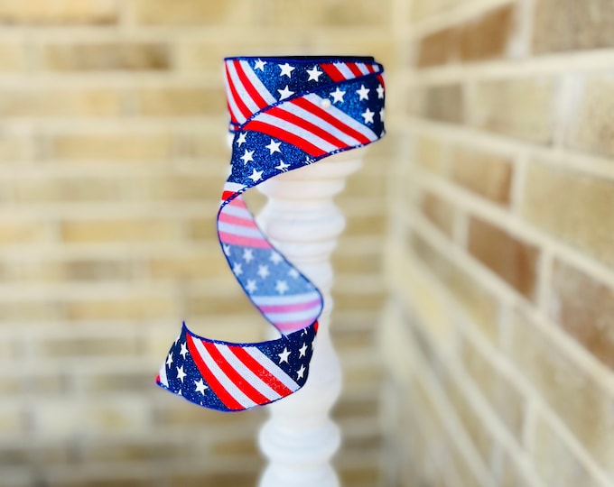 1.5x10 yard roll, patriotic ribbon, July 4th ribbon, wreath supply, wired ribbon, summer ribbon,Patriotic Diagonal Stars & Stripes Ribbon