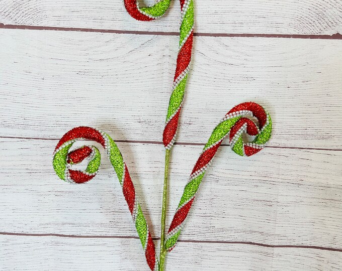 Glitter Rhinestone candycane stripe pick, rhinestone stripe pick, red green and silver striped pick, Christmas tree decor, wreath supply