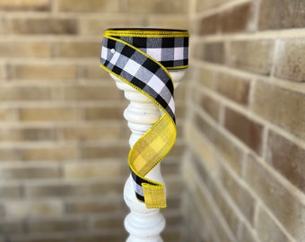 1.5x10 yard wired ribbon, white and black check with yellow back, two tone ribbon, double sided ribbon,summer ribbon, bee ribbon,41148-09-22