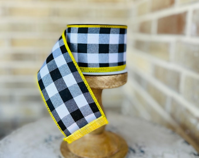 2.5”x10 yard wired ribbon, white and black check with yellow back, Wreath Supply, 41148-40-22