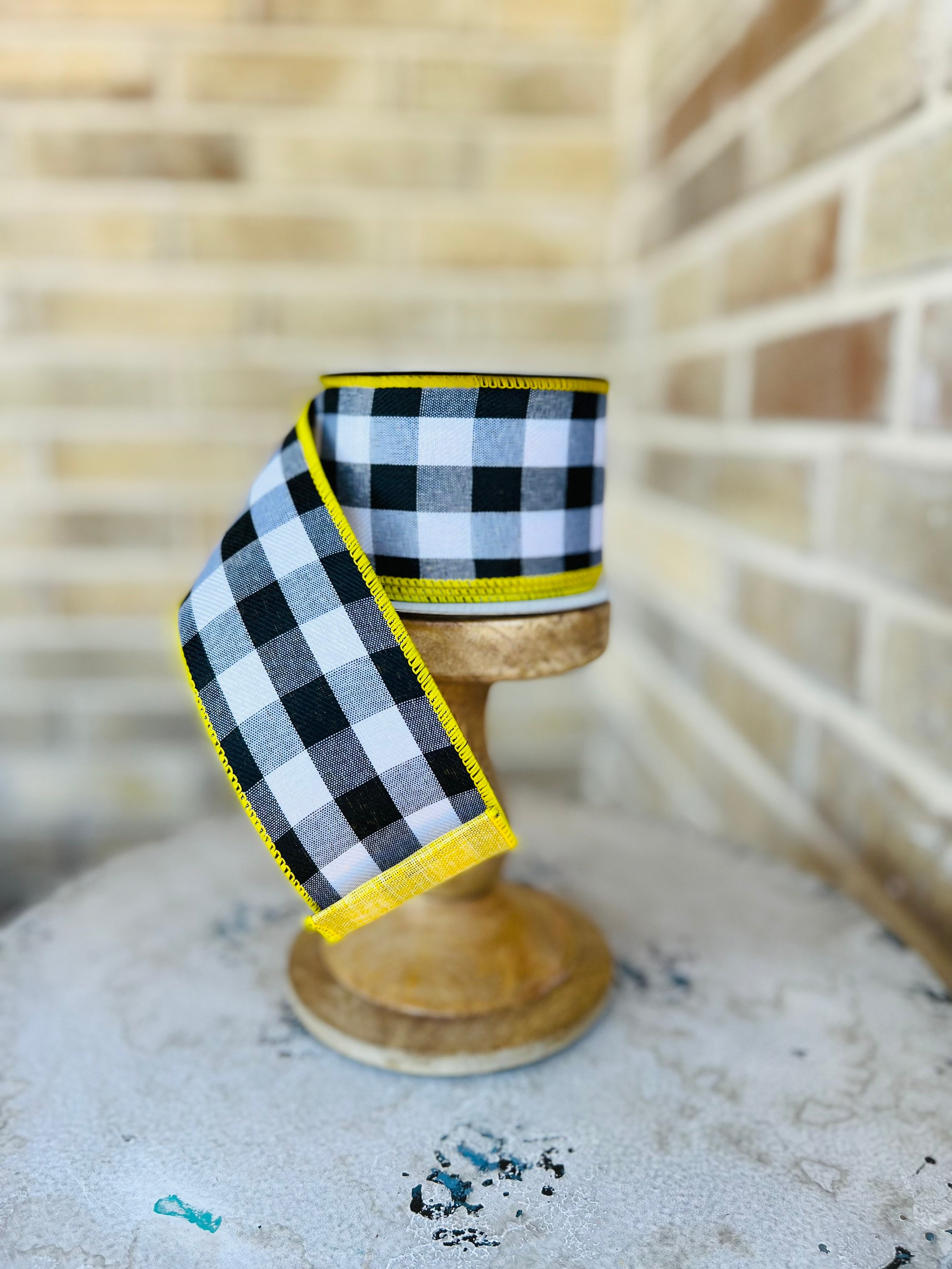 2.5”x10 yard wired ribbon, white and black check with yellow back, Wreath  Supply, 41148-40-22
