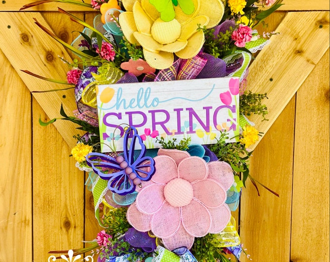 Spring swag wreath, hello spring wreath, colorful spring wreath swag,colorful flower spring wreath, office wreath, gift for her,Mother’s Day