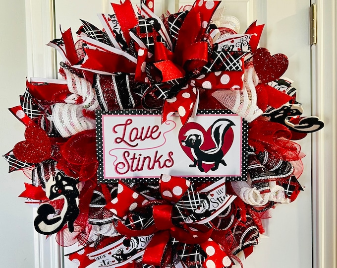 Valentine Wreath, Love Stinks Valentine Wreath, love day wreath, gift for her, front door wreath, red and black wreath