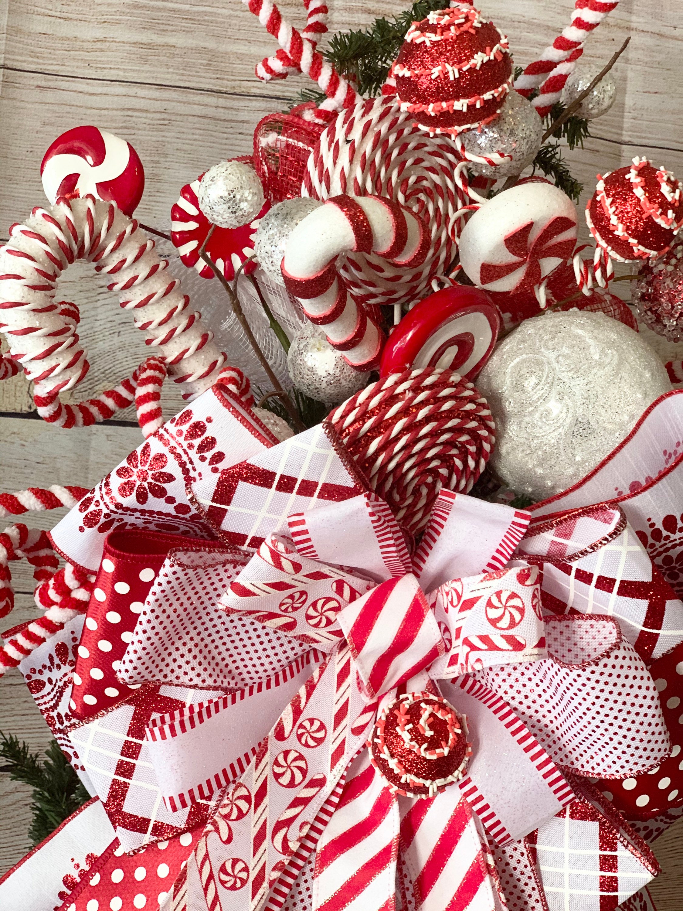 Candy Cane Christmas Tree Bow Topper, Gift Bow