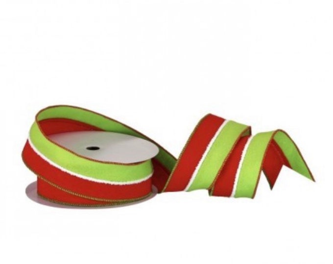 Christmas Wired Ribbon, 1.5 Wide, Lime Green and Red Metallic Stripe TEN  YARD ROLL Lime Regina Tri-stripe Wire Edged Ribbon 