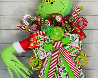 Green monster Christmas tree topper, green monster head tree topper, green monster whimsical tree topper,tree topper