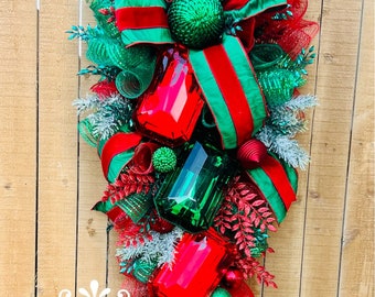 Red n green gem Christmas swag,elegant Christmas wreath, gem Christmas swag, Christmas jewel swag,red n emerald Christmas wreath,deluxe swag
