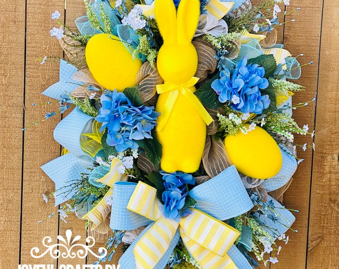 Easter Wreath, Easter Bunny wreath, yellow and blue Easter wreath, spring wreath, Easter Decor
