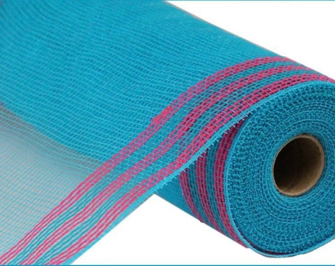 10.25" x 10yd Faux Jute/Pp/Border Stripe Turquoise/Hot Pink