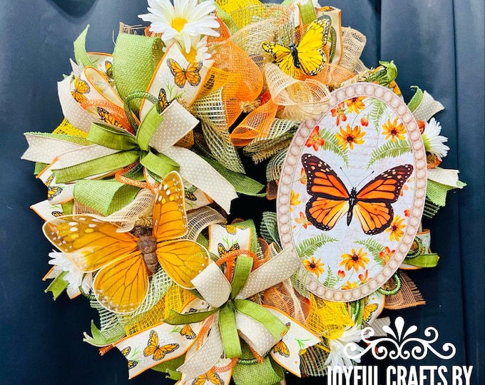 Monarch butterfly wreath, spring wreath, summer wreath, year round butterfly wreath, butterfly wreath, Mother’s Day gift, office wreath gift