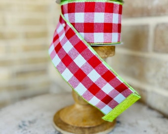 2.5”x10 yard wired ribbon, red and white plaid double sided green,summer ribbon, watermelon ribbon, double sided ,two tone ribbon,411464029