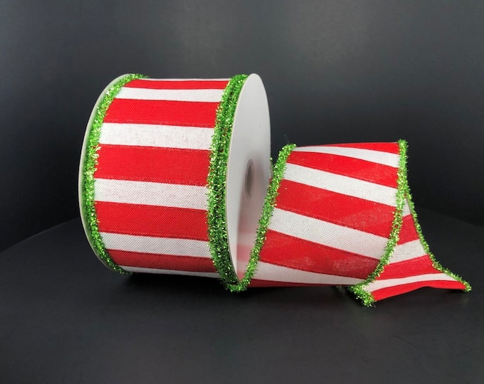 2.5” Red & White Wide Strips Ribbon W Green Tinsel Edge (10 Yards)