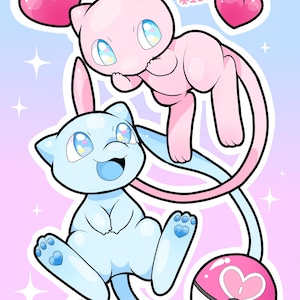 Mew and shiny mew sparkle A3 poster print