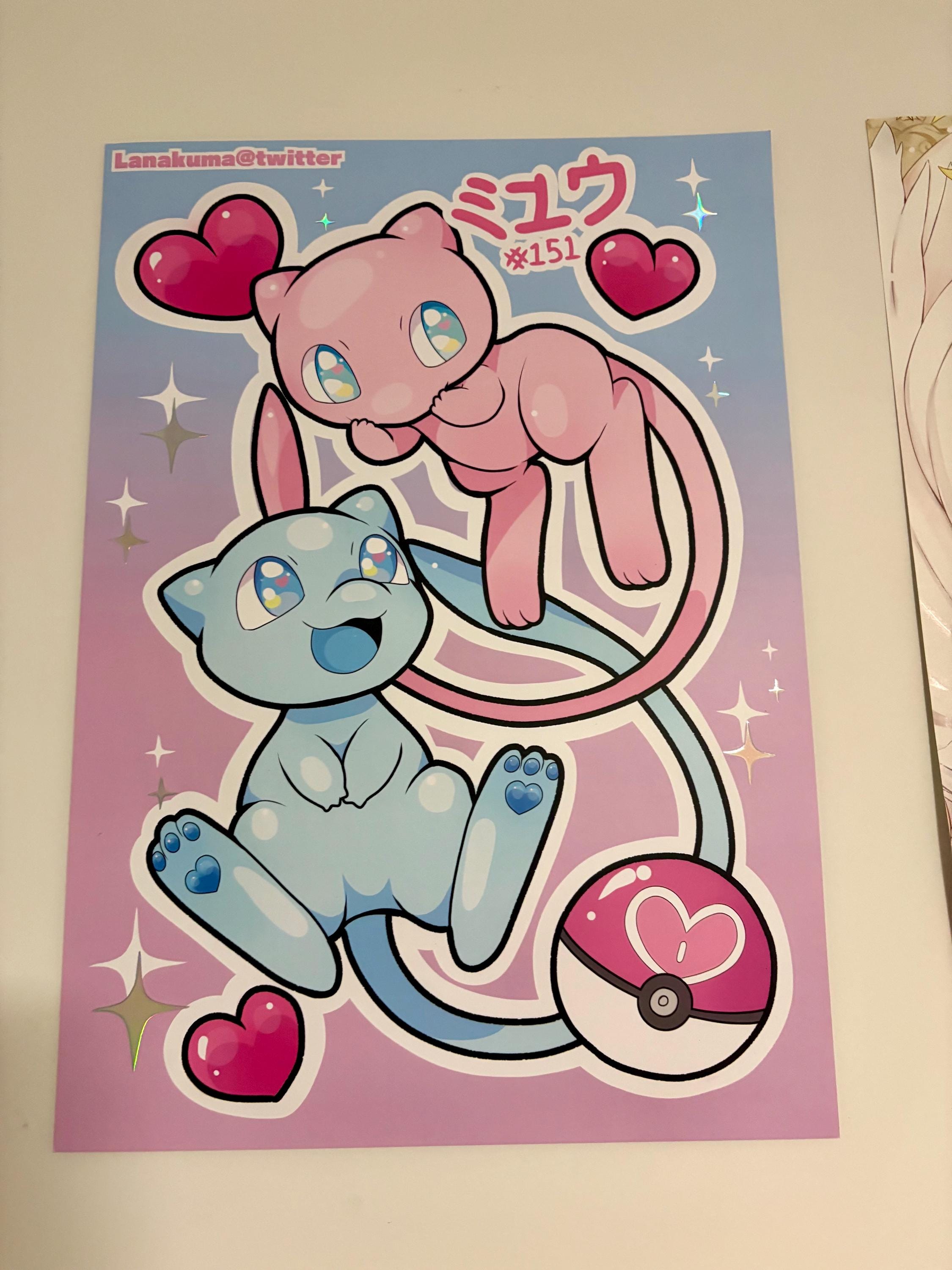 Mew and Shiny Mew Inspired Sparkle Holographic A3 Poster Print