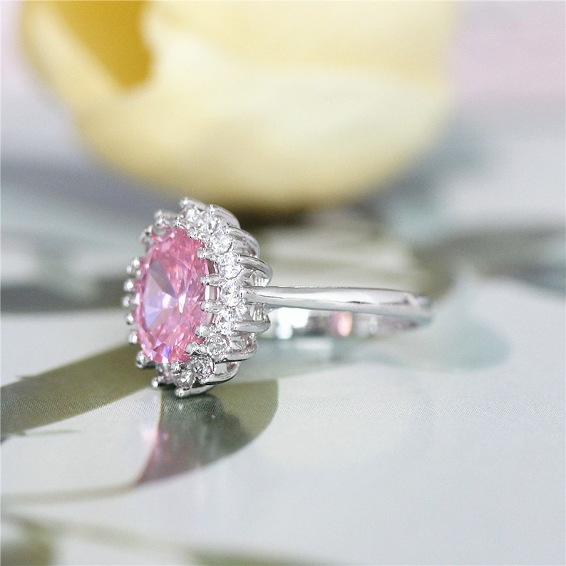 Gemstone Ring Morganite Engagement Ring Pink Oval CZ Ring Wedding Ring Copper Unique Ring Promise Ring White Gold Plated CZ Ring