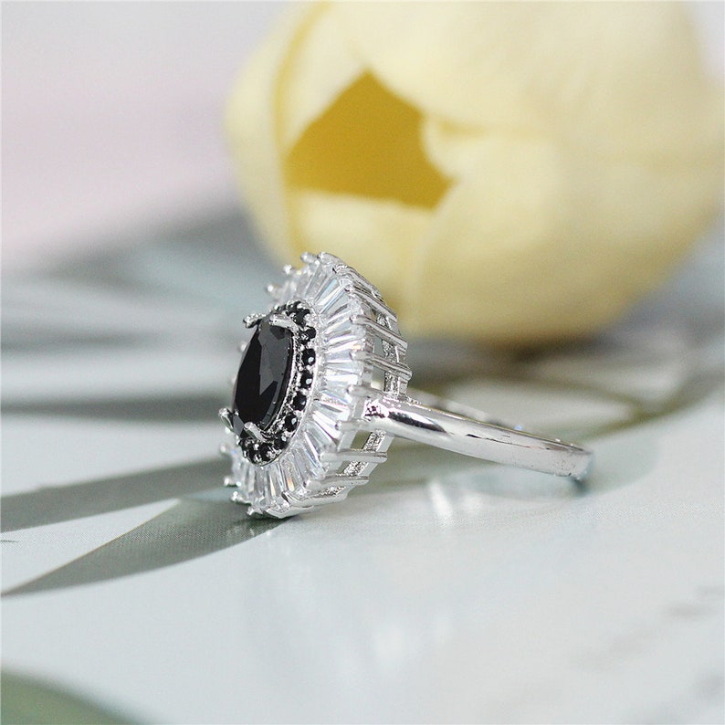 Black Cubic Zirconia Gemstone Ring Oval Shape Wedding Ring 18k White Gold Plated Ring Black Spinel Engagement Ring US6