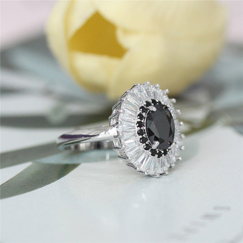 Black Cubic Zirconia Gemstone Ring Oval Shape Wedding Ring 18k White Gold Plated Ring Black Spinel Engagement Ring US6