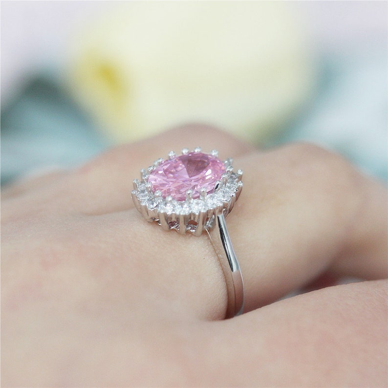 Gemstone Ring Morganite Engagement Ring Pink Oval CZ Ring Wedding Ring Copper Unique Ring Promise Ring White Gold Plated CZ Ring