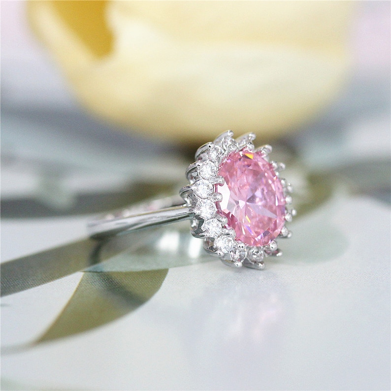 Gemstone Ring Morganite Engagement Ring Pink Oval CZ Ring Wedding Ring Copper Unique Ring Promise Ring White Gold Plated CZ Ring