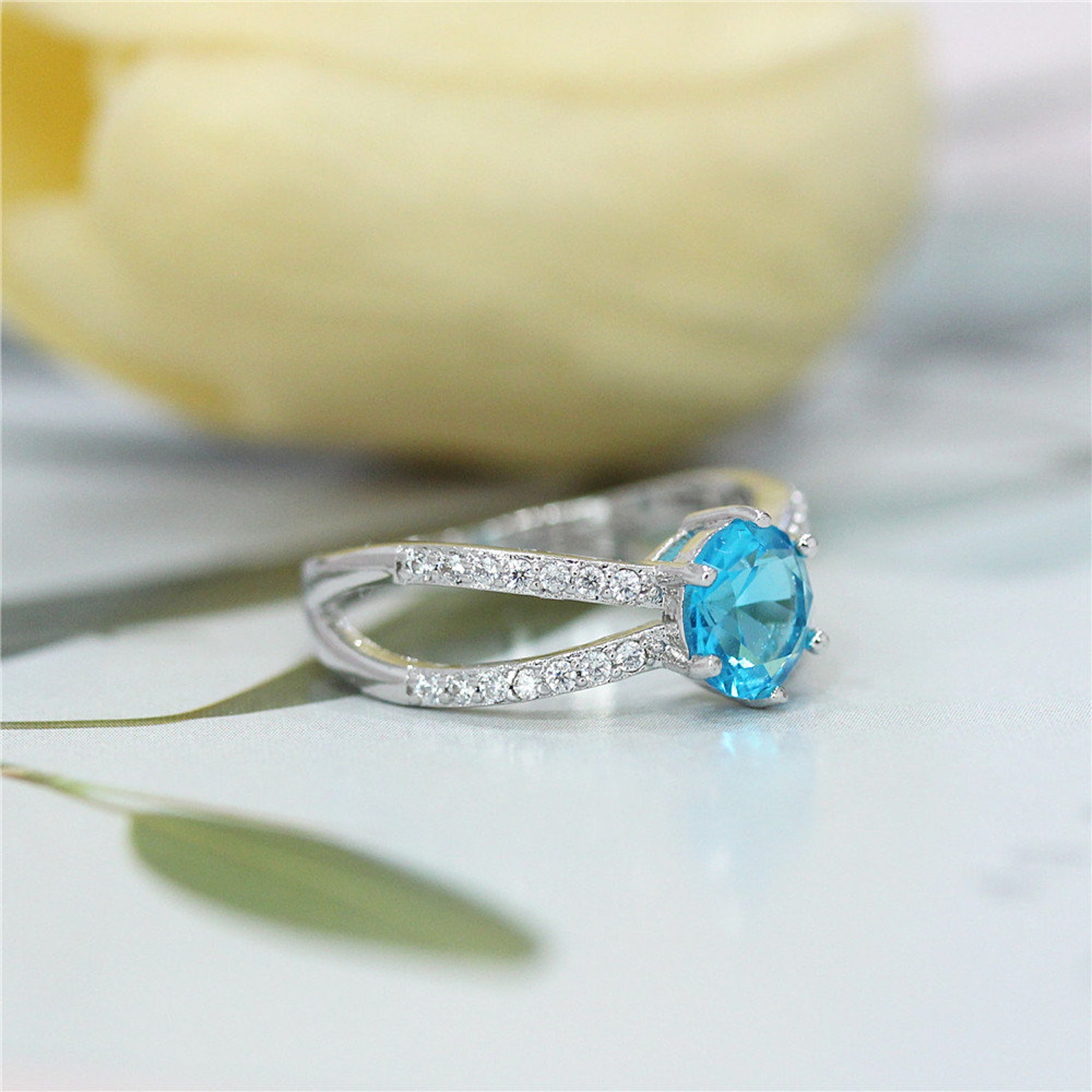 Sky Blue Gemstone Ring Round Shape Wedding Ring 18k White Gold Etsy