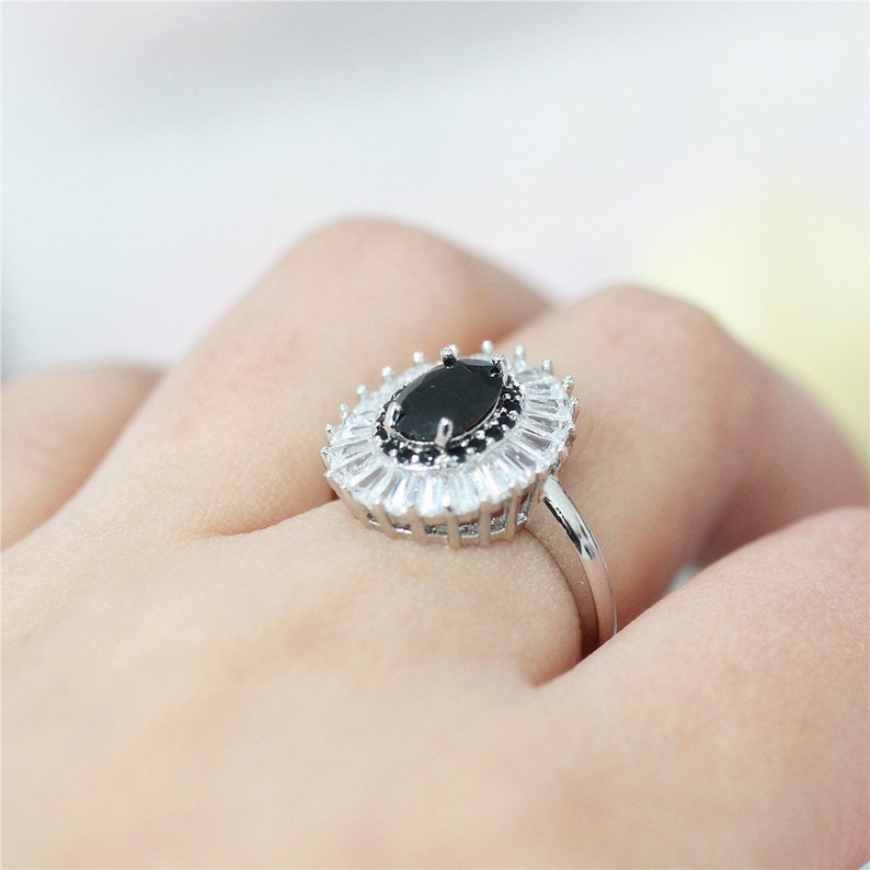Black Cubic Zirconia Gemstone Ring Oval Shape Wedding Ring 18k White Gold Plated Ring Black Spinel Engagement Ring US6