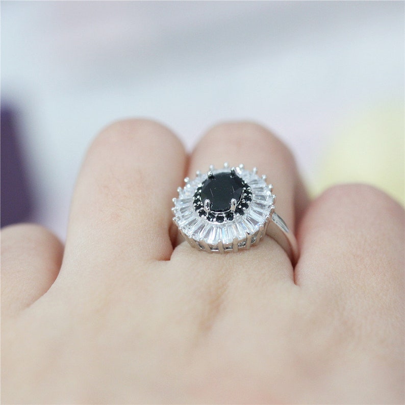 Black Cubic Zirconia Gemstone Ring Oval Shape Wedding Ring 18k White Gold Plated Ring Black Spinel Engagement Ring US6