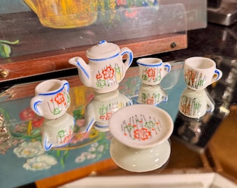Vintage Japanese Miniature Doll Tea Set – Hand-Painted Floral Porcelain, Marked “Japan,” 5-Piece