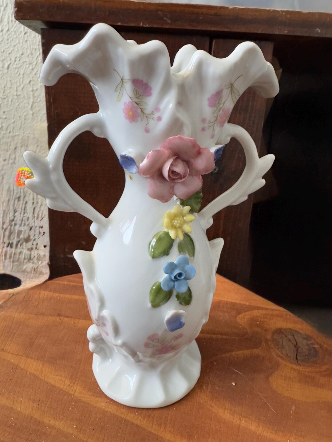 Vintage Porcelain Bud Vase: Hand-painted Floral Decor, Ruffled Rim - Etsy