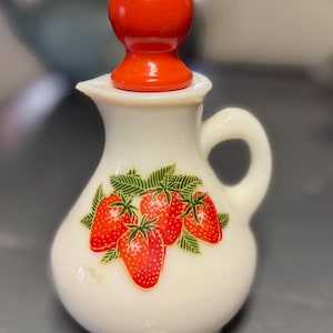 Vintage Avon Strawberries After Bath Fresh Cream Bottle White Ceramic Pitcher with Red Stopper 5 oz Retro Fruit Decor