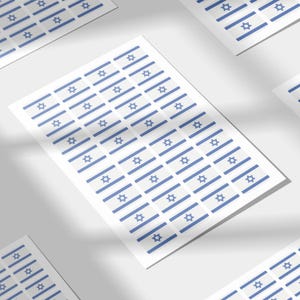 May include: Sheets of stickers featuring the flag of Israel. Each sticker has a white background with blue stripes and a blue Star of David. The stickers are arranged on a white surface, with a few sheets visible.