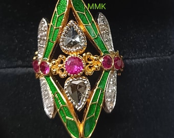 Antique Rose Cut Diamond Ring 18 Karat Gold Ring Handmade item.