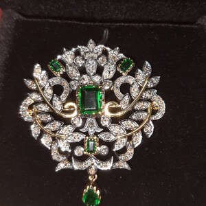 Antique Rose cut Diamond And Emerald Sapphire. Silver Brooch , 3.48ct Diamond, Silver Purity 92.5 ,Handmade Brooch