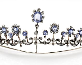 Antike viktorianische königsblaue Saphir-Diademe und Krone, Diamant im Rosenschliff, 925er Sterlingsilber, handgefertigtes Produkt.