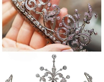 Tiaras reales victorianas antiguas y corona con diamantes de talla rosa de plata de ley 925. Artículo hecho a mano.