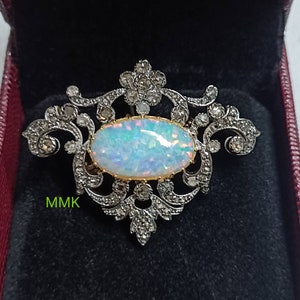 Unique Opal sapphire 925 Sterling Silver Rose cut Diamond Brooch/Opal Brooch Handmade item.