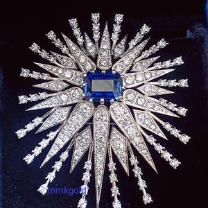 Vintage 925 Sterling Silver American Diamond Brooch blue sapphire Brooch .
