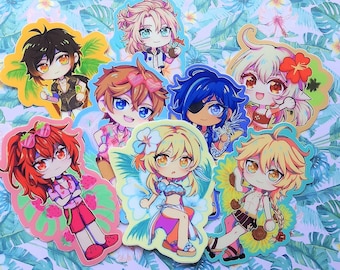 Pode incluir: Um conjunto de dez adesivos coloridos de personagens de desenhos animados, apresentando vários personagens com diferentes penteados e roupas. Os adesivos estão em um fundo floral.