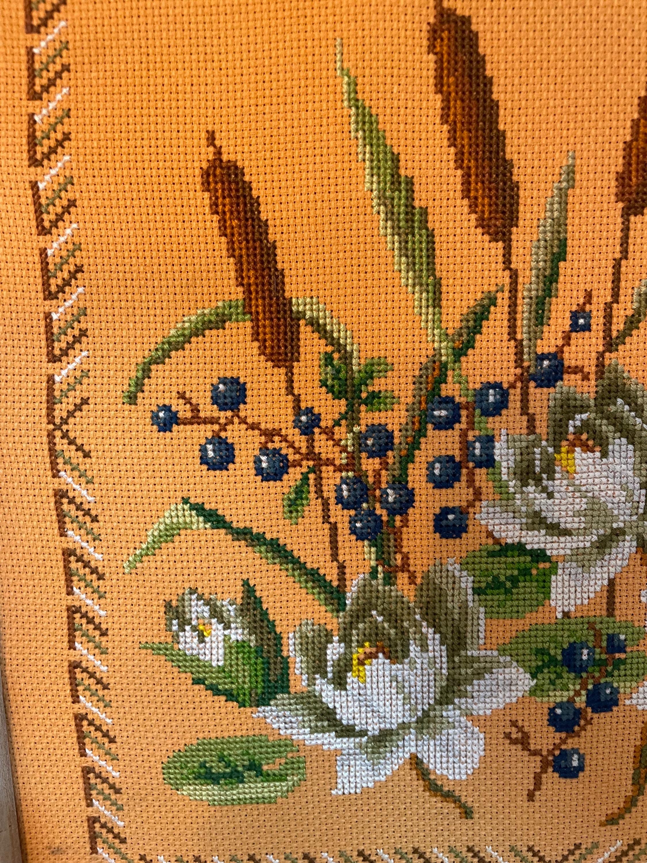 Vintage Framed Needlepoint Floral Wall Art Bamboo Frame Botanical ...