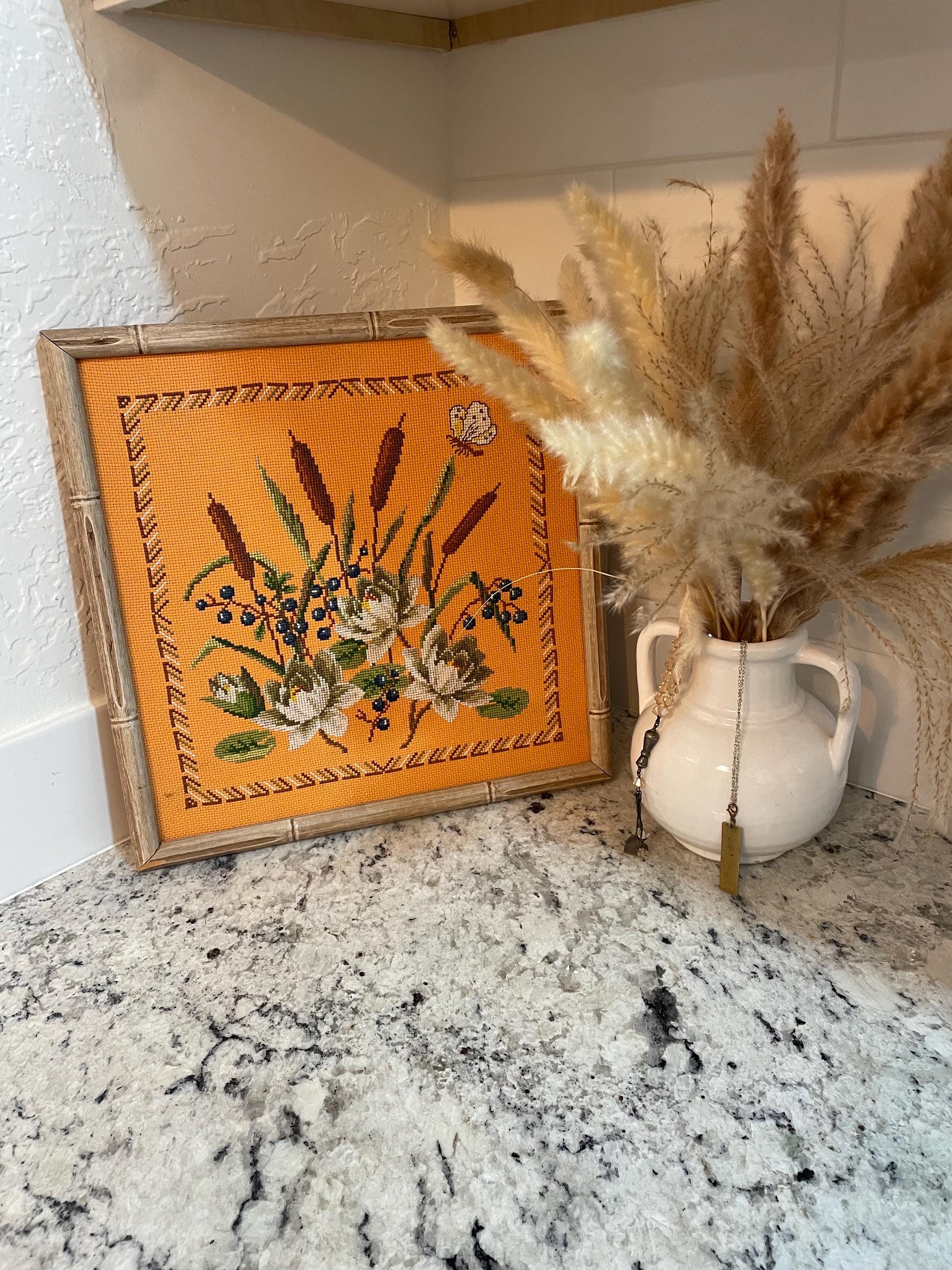 Vintage Framed Needlepoint Floral Wall Art Bamboo Frame Botanical ...