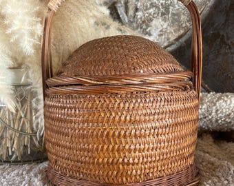 Vintage Handwoven Wicker Rice Basket with Lid, Rustic Boho Asian Decor Storage