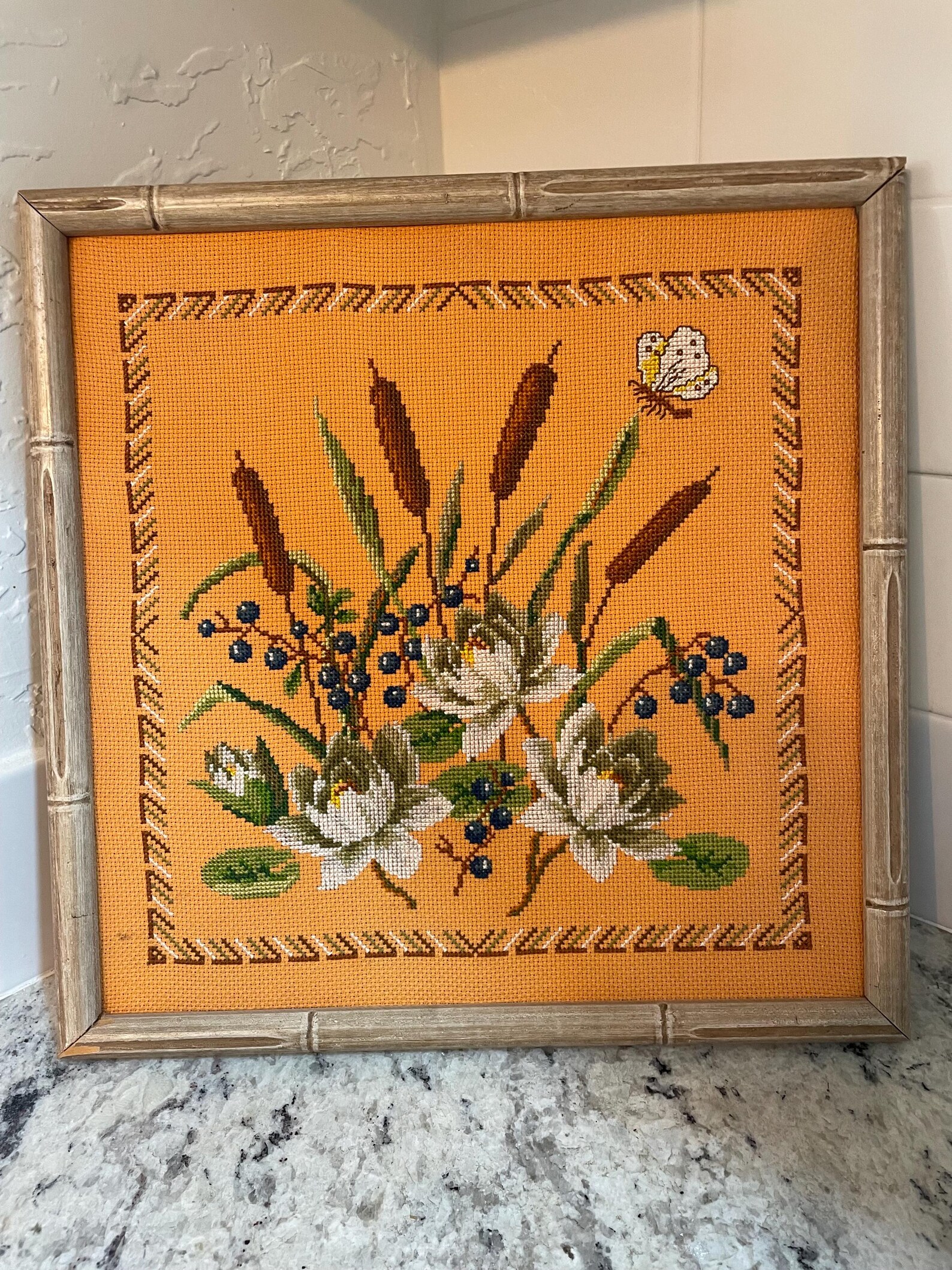 Vintage Framed Needlepoint Floral Wall Art Bamboo Frame Botanical ...
