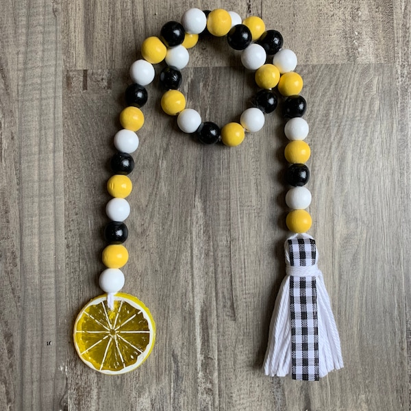 Lemon Beads Wood Bead Garland Strand Tassels Tag Farmhouse Beads Yellow Black White Ribbon Tiered Tray Decor 27”